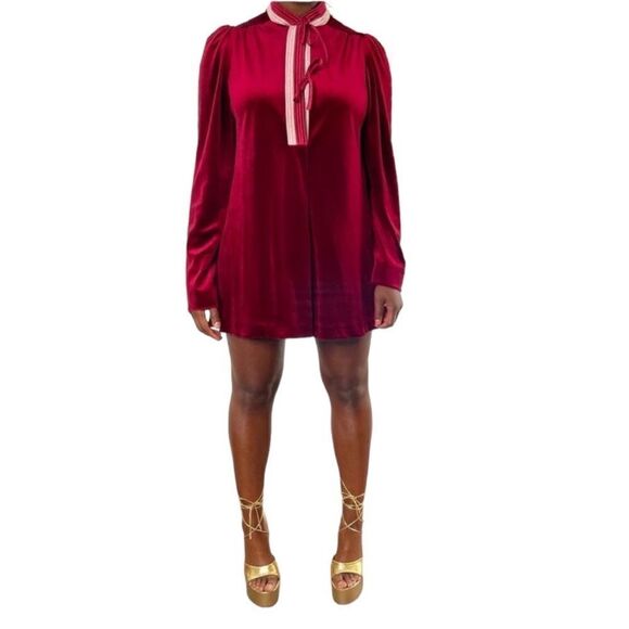 VINTAGE Barad & Co Velvet Velour Nightgown Tie Neck Puff Shoulder Mini Dress - Picture 1 of 16